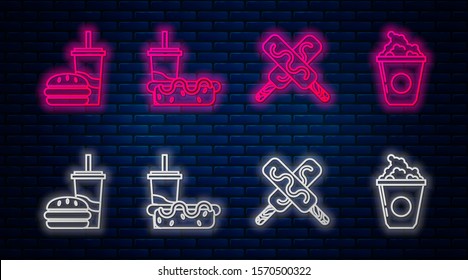 Set line Paper glass with drinking straw and hotdog, Ice cream, Paper glass with drinking straw and burger and Popcorn in cardboard box. Glowing neon icon on brick wall. Vector