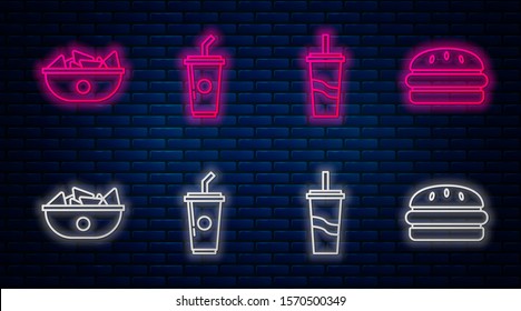 Set line Paper glass with drinking straw and water, Paper glass with drinking straw and water, Nachos in plate and Burger. Glowing neon icon on brick wall. Vector