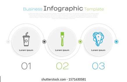 Set line Paper glass with drinking straw and water, Fork and Sandwich. Business infographic template. Vector