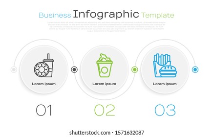 Set line Paper glass with drinking straw and donut, Popcorn in cardboard box and Burger and french fries in carton package box. Business infographic template. Vector