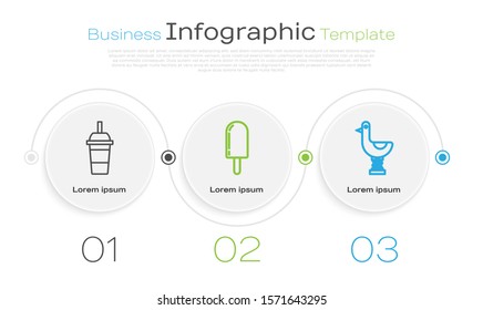 Set line Paper glass with drinking straw and water, Ice cream and Riding kid duck. Business infographic template. Vector