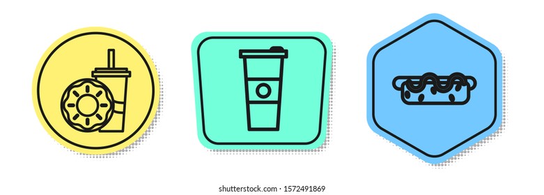 Set line Paper glass with drinking straw and donut, Paper glass and water and Hotdog sandwich with mustard. Colored shapes. Vector