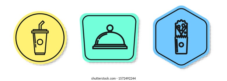 Set line Paper glass with drinking straw and water, Covered with a tray of food and Doner kebab. Colored shapes. Vector