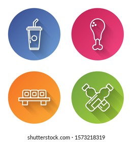 Set line Paper glass with drinking straw and water, Chicken leg, Sushi on cutting board and Crossed bottle of water. Color circle button. Vector