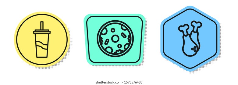 Set line Paper glass with drinking straw and water, Pizza and Chicken leg. Colored shapes. Vector