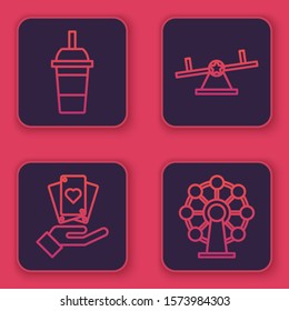 Set line Paper glass with drinking straw and water, Hand holding playing cards, Seesaw and Ferris wheel. Blue square button. Vector
