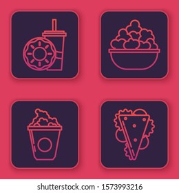 Set line Paper glass with drinking straw and donut, Popcorn in cardboard box, Popcorn in bowl and Sandwich. Blue square button. Vector