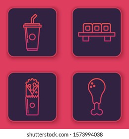 Set line Paper glass with drinking straw and water, Doner kebab, Sushi on cutting board and Chicken leg. Blue square button. Vector
