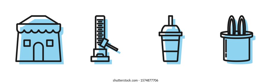 Set line Paper glass with drinking straw and water, Circus tent, High striker attraction with big hammer and Magician hat and rabbit ears icon. Vector