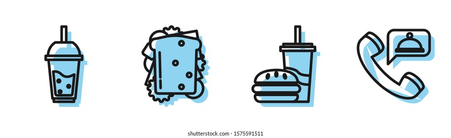 Set line Paper glass with drinking straw and burger, Glass of lemonade with drinking straw, Sandwich and Food ordering icon. Vector