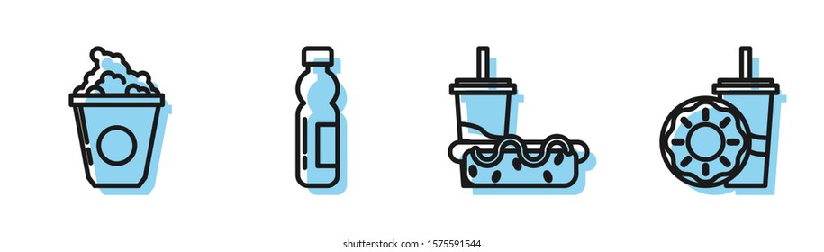 Set line Paper glass with drinking straw and hotdog, Popcorn in cardboard box, Bottle of water and Paper glass with drinking straw and donut icon. Vector