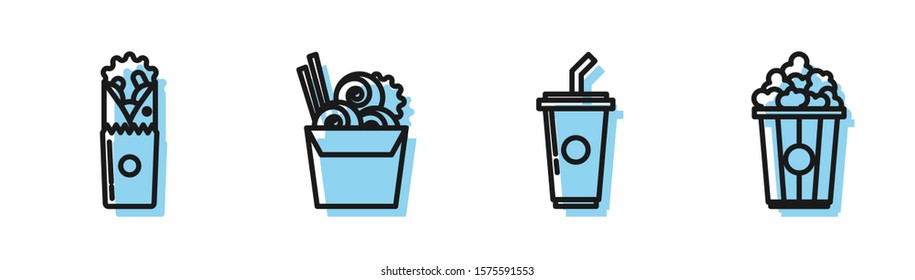 Set line Paper glass with drinking straw and water, Doner kebab, Asian noodles in paper box and chopsticks and Popcorn in cardboard box icon. Vector