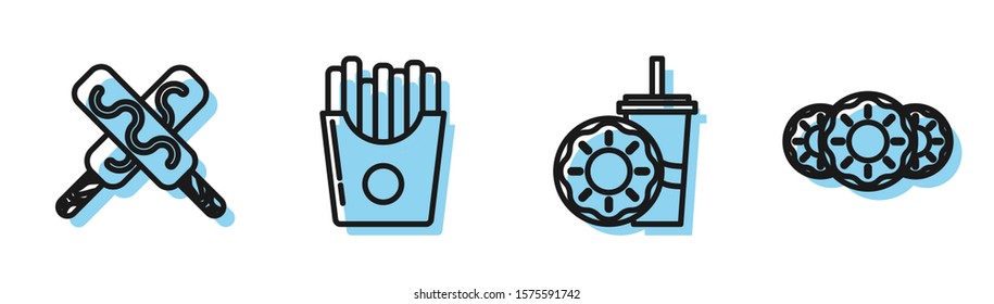 Set line Paper glass with drinking straw and donut, Ice cream, Potatoes french fries in carton package box and Donut with sweet glaze icon. Vector