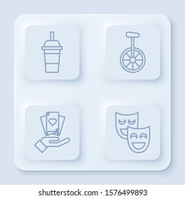 Set line Paper glass with drinking straw and water, Unicycle or one wheel bicycle, Hand holding playing cards and Comedy theatrical masks. White square button. Vector