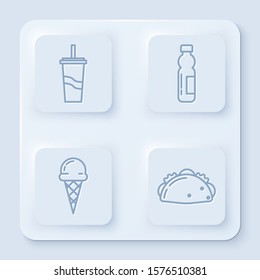 Set line Paper glass with drinking straw and water, Bottle of water, Ice cream in waffle cone and Taco with tortilla. White square button. Vector