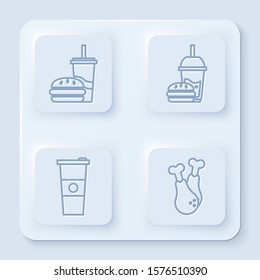 Set line Paper glass with drinking straw and burger, Paper glass with drinking straw and burger, Paper glass and water and Chicken leg. White square button. Vector