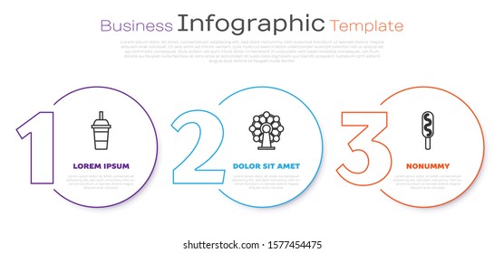 Set line Paper glass with drinking straw and water, Ferris wheel and Corn dog. Business infographic template. Vector