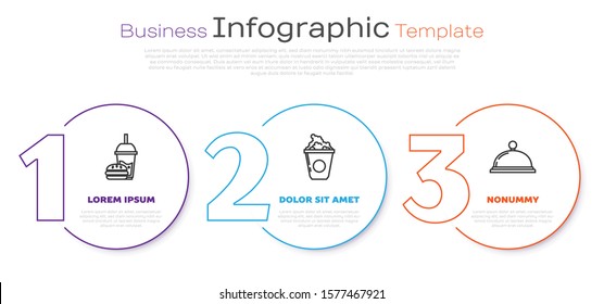 Set line Paper glass with drinking straw and burger, Popcorn in cardboard box and Covered with a tray of food. Business infographic template. Vector