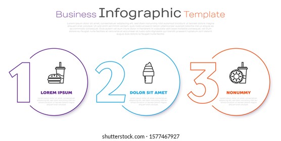 Set line Paper glass with drinking straw and burger, Ice cream in waffle cone and Paper glass with drinking straw and donut. Business infographic template. Vector