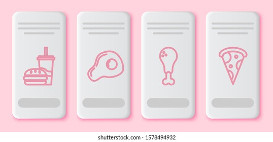 Set line Paper glass with drinking straw and burger, Scrambled eggs, Chicken leg and Slice of pizza. White rectangle button. Vector