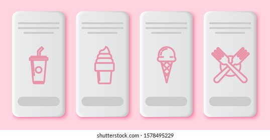 Set line Paper glass with drinking straw and water, Ice cream in waffle cone, Ice cream in waffle cone and Crossed fork. White rectangle button. Vector