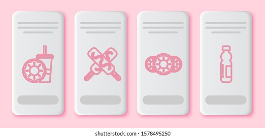 Set line Paper glass with drinking straw and donut, Ice cream, Donut with sweet glaze and Bottle of water. White rectangle button. Vector