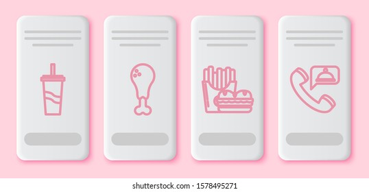 Set line Paper glass with drinking straw and water, Chicken leg, Burger and french fries in carton package box and Food ordering. White rectangle button. Vector