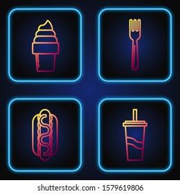 Set line Paper glass with drinking straw and water, Hotdog sandwich with mustard, Ice cream in waffle cone and Fork. Gradient color icons. Vector