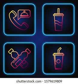 Set line Paper glass with drinking straw and water, Crossed bottle of water, Food ordering and Paper glass with drinking straw and water. Gradient color icons. Vector