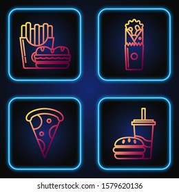 Set line Paper glass with drinking straw and burger, Slice of pizza, Burger and french fries in carton package box and Doner kebab. Gradient color icons. Vector
