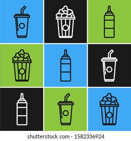 Set line Paper glass with drinking straw and water, Sauce bottle and Popcorn in cardboard box icon. Vector
