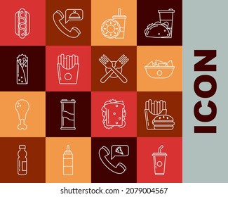 Set line Paper glass with drinking straw and water, Burger french fries carton package box, Nachos plate, donut, Potatoes, Doner kebab, Hotdog sandwich mustard and Crossed fork icon. Vector
