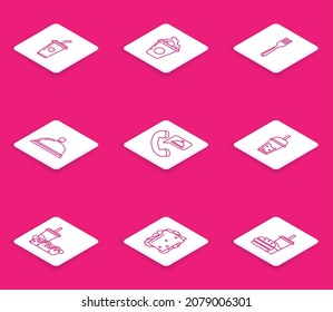 Set line Paper glass with drinking straw and water, Popcorn cardboard box, Fork, Covered tray of food, Food ordering, Glass lemonade, hotdog and Sandwich icon. Vector