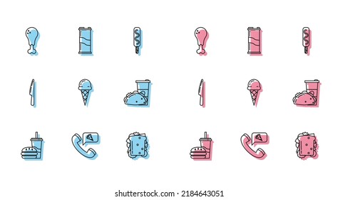 Set line Paper glass with drinking straw and burger, Food ordering pizza, Chicken leg, Sandwich, Ice cream waffle cone, taco tortilla, Knife and Soda can icon. Vector