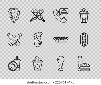 Set line Paper glass with drinking straw and donut, Bottle of water burger, Food ordering, Popcorn cardboard box, Sandwich, Chicken leg,  and Hotdog sandwich mustard icon. Vector