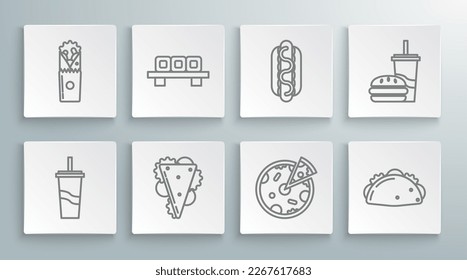 Set line Paper glass with drinking straw and water, Sushi on cutting board, Sandwich, Pizza, Taco tortilla, Hotdog sandwich mustard, burger and Doner kebab icon. Vector