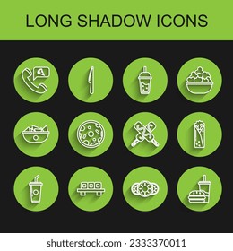 Set line Paper glass with drinking straw and water, Sushi on cutting board, Food ordering pizza, Donut sweet glaze, burger, Pizza, Doner kebab and Ice cream icon. Vector