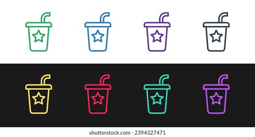 Set-Line-Paper-Glas mit Trinkstrohhalm und Wassersymbol einzeln auf schwarz-weißem Hintergrund. Limonade Glas trinken. Frisches Kaltgetränk Symbol.  Vektorgrafik
