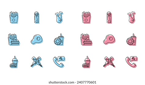 Set line Paper glass with drinking straw and burger, Ice cream, Potatoes french fries carton package box, Food ordering pizza, Scrambled eggs, donut, Burger and Doner kebab icon. Vector