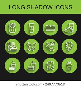 Set line Paper glass with drinking straw and burger, Potatoes french fries carton package box, Sandwich, Ice cream waffle cone, Crossed bottle of water,  and Food ordering icon. Vector