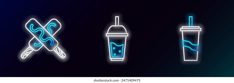 Set line Paper glass with drinking straw and water, Ice cream and Glass of lemonade icon. Glowing neon. Vector