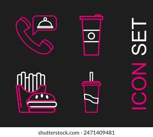 Set line Paper glass with drinking straw and water, Burger french fries carton package box,  and Food ordering icon. Vector