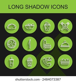 Set line Paper glass with drinking straw and water, Popcorn cardboard box, Taco tortilla, Food ordering, Sandwich, Knife, Covered tray of food and Bottle burger icon. Vector