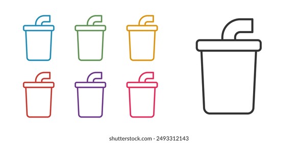 Set line Paper glass with drinking straw and water icon isolated on white background. Soda drink glass. Fresh cold beverage symbol. Set icons colorful. Vector