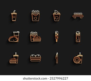 Set line Paper glass with drinking straw and burger, Sandwich, water, Knife, donut, Burger french fries carton package box, Doner kebab and Ice cream icon. Vector