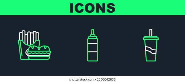 Set line Paper glass with drinking straw and water, Burger french fries carton package box and Sauce bottle icon. Vector