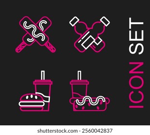 Set line Paper glass with drinking straw and hotdog, burger, Crossed bottle of water and Ice cream icon. Vector