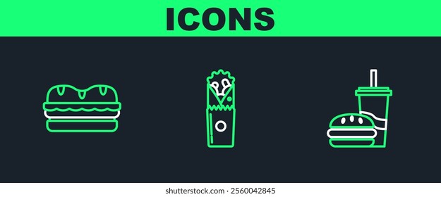 Set line Paper glass with drinking straw and burger, Sandwich and Doner kebab icon. Vector