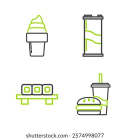 Set line Paper glass with drinking straw and burger, Sushi on cutting board, Soda can and Ice cream waffle cone icon. Vector