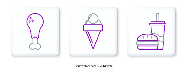 Set line Paper glass with drinking straw and burger, Chicken leg and Ice cream waffle cone icon. Vector